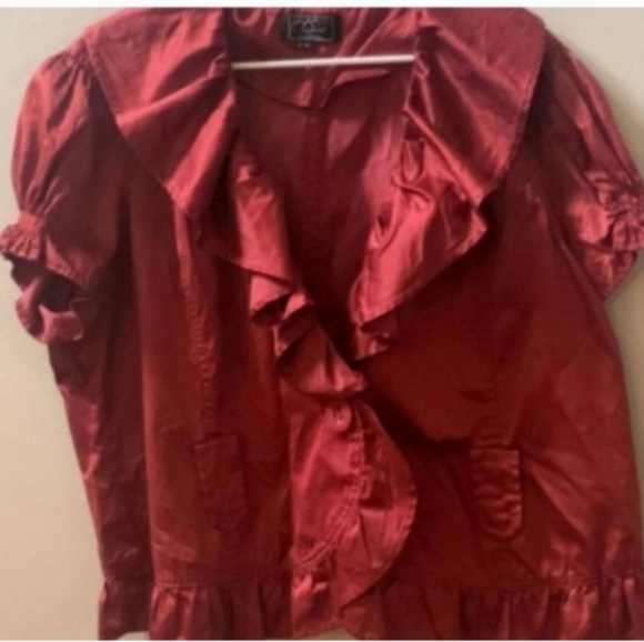Ashley Women's 3X Burgundy Red Ruffled Blouse Short Sleeve Career Office Dressy - Picture 1 of 4